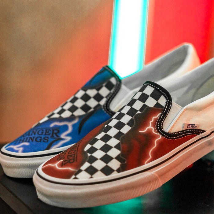 Vans Slip On Custom x Stranger Things Checkerboard Black White Blue