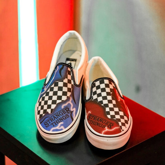 Vans Slip On Custom x Stranger Things Checkerboard Black White Blue