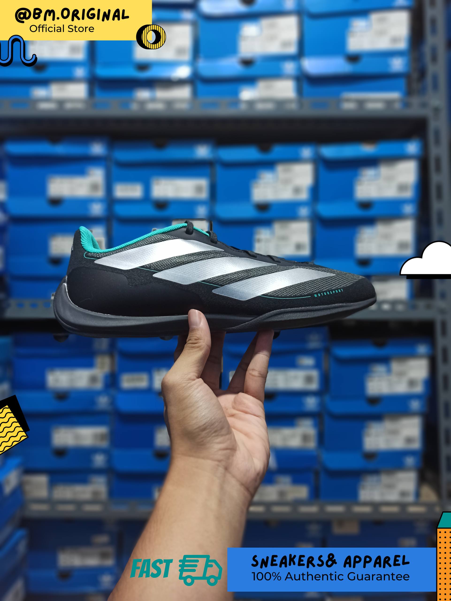 Adidas Feroza Base Tim F1 Mercedes AMG Petronas Core Black Silver Metallic Semi Mint Rush KJ6177