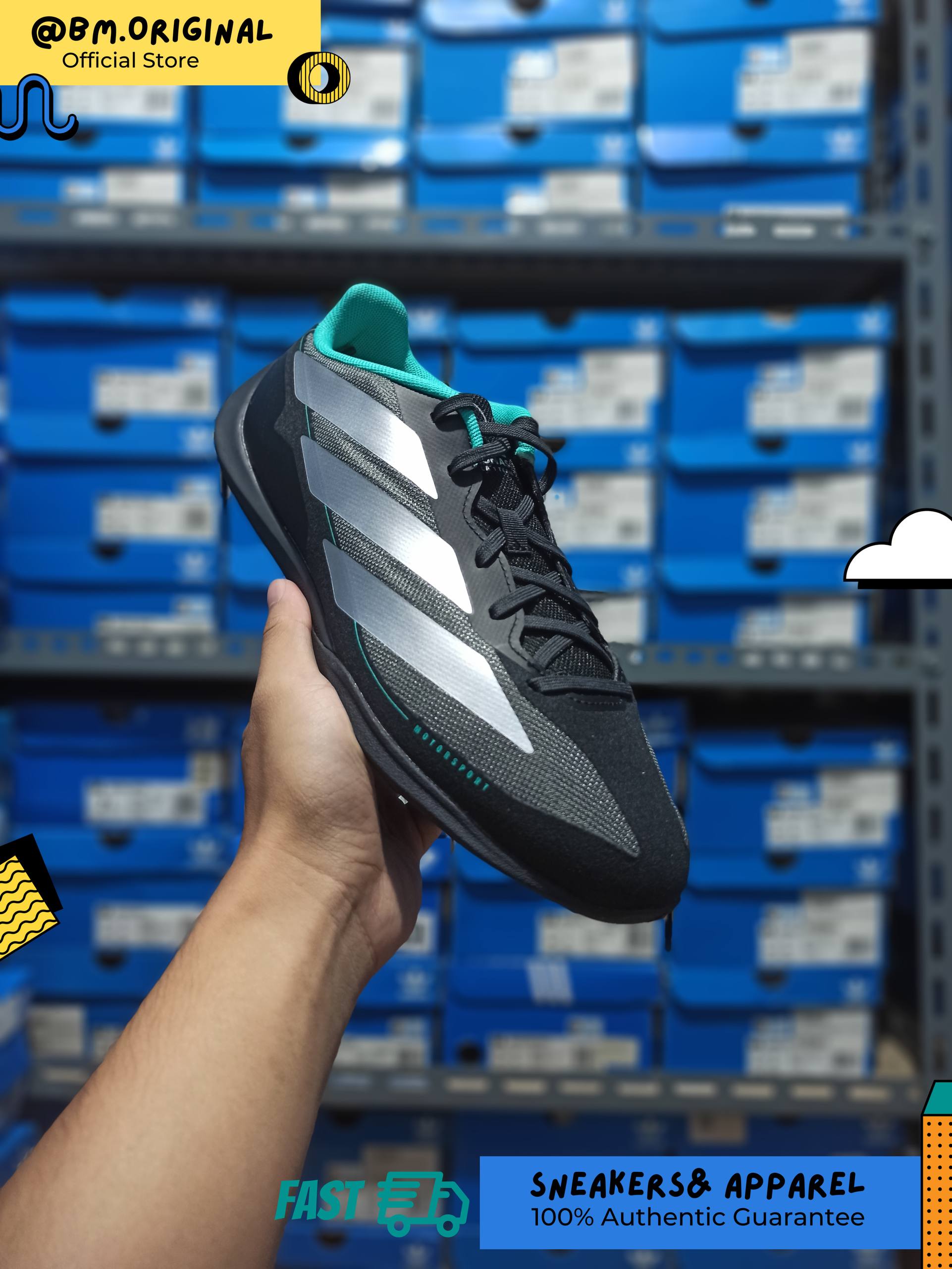 Adidas Feroza Base Tim F1 Mercedes AMG Petronas Core Black Silver Metallic Semi Mint Rush KJ6177
