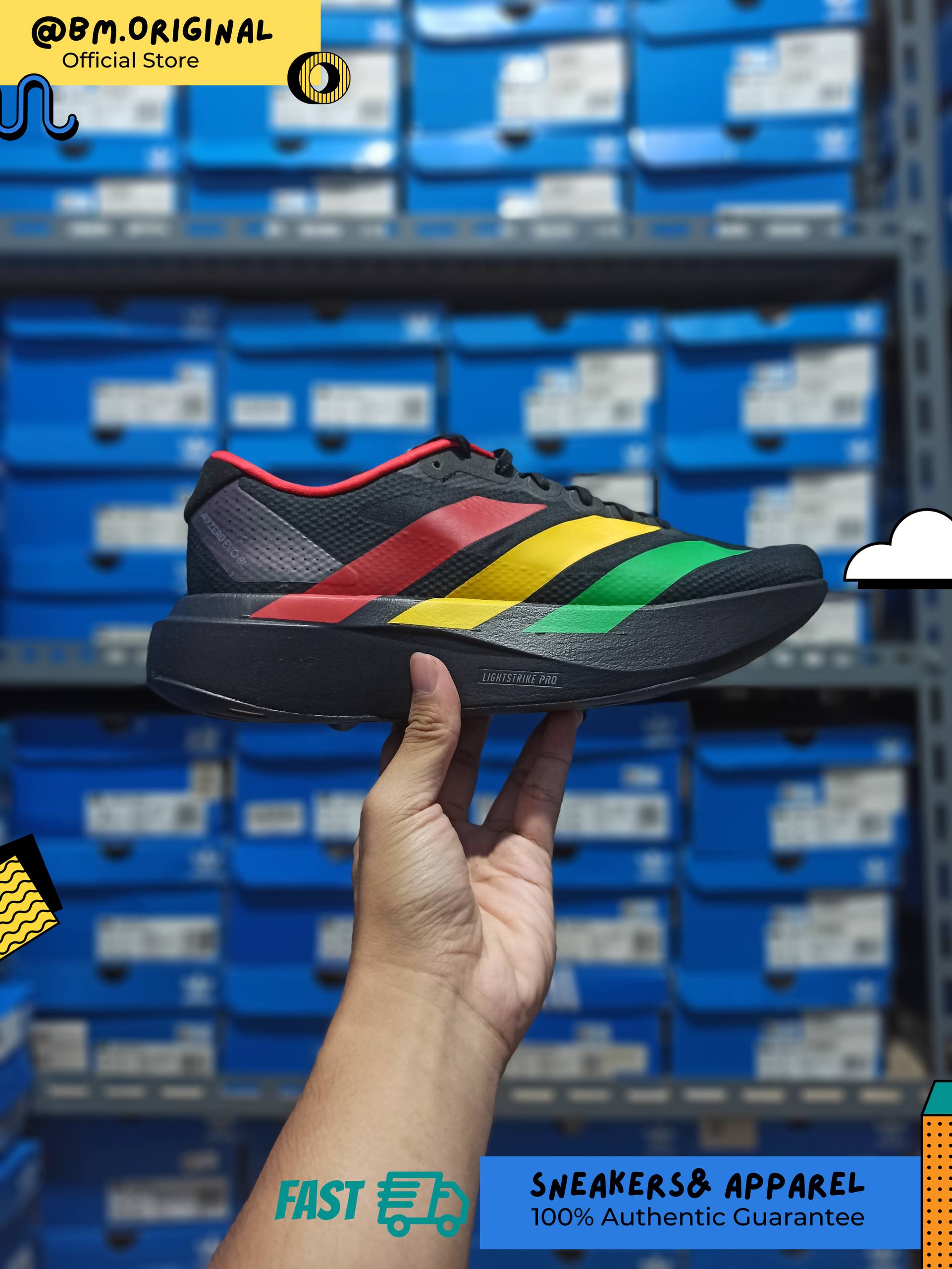 Adidas Jamaica 26 x Bob Marley Adizero EVO SL Core Black Vivid Green Bold Gold KJ6160