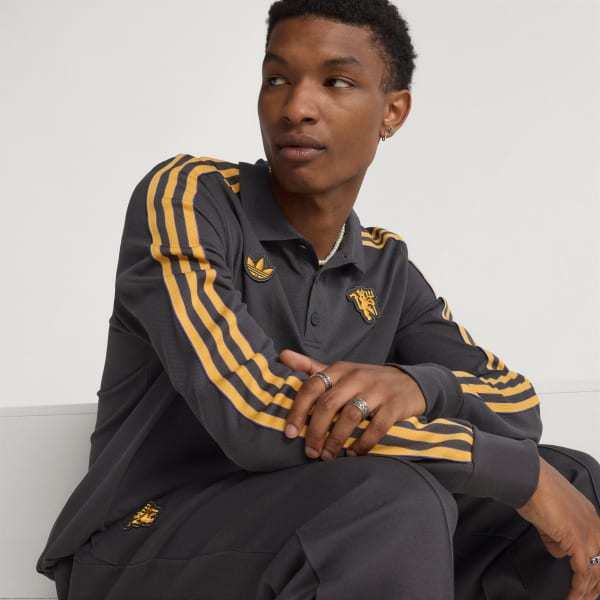 Adidas Manchester United Terrace Icons Long Sleeve Polo Shirt Utility Black JN2822